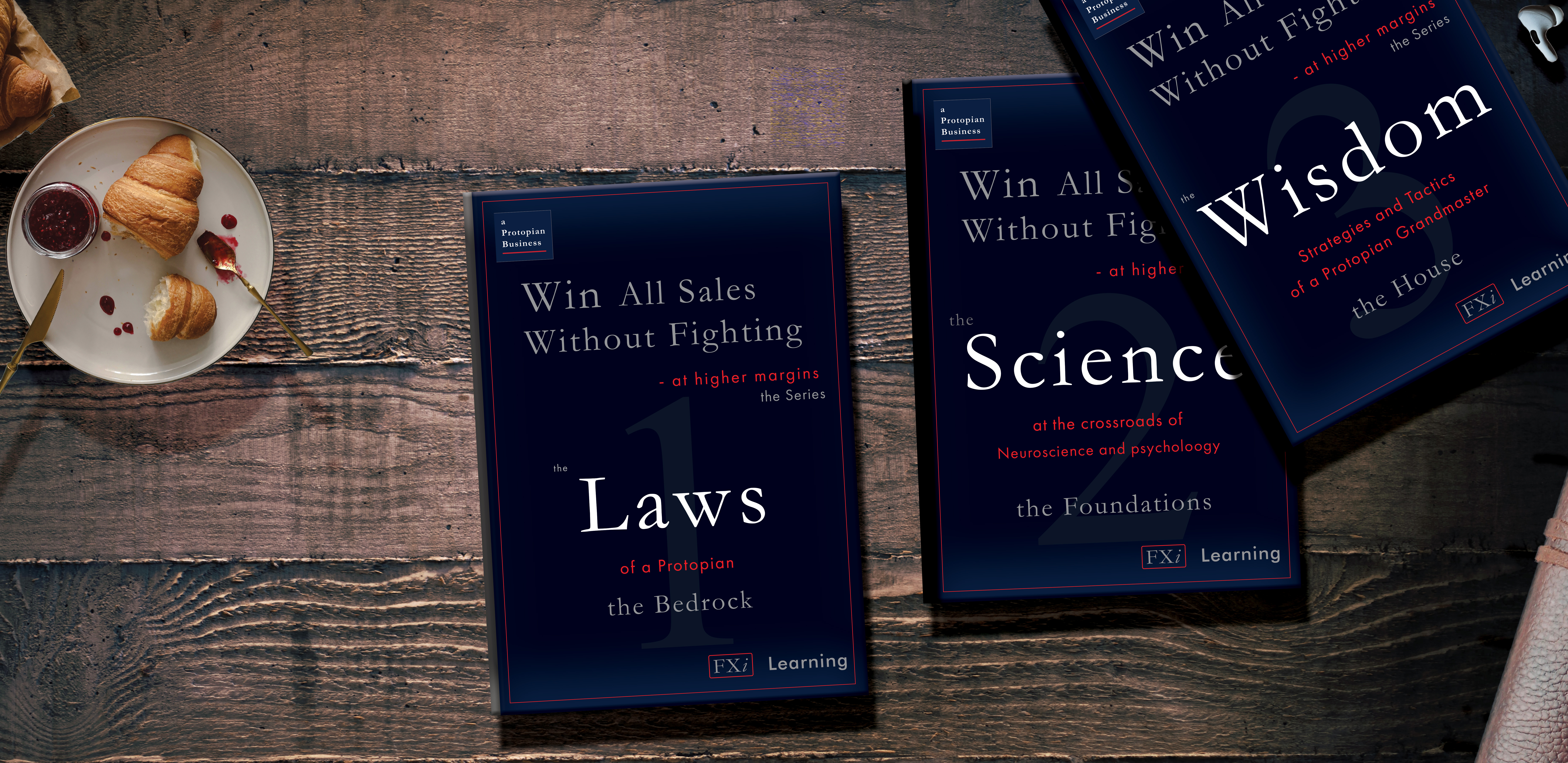 the “free ebook” section is of the three books in the series “Win All Sales without fighting at higher margins. The background is an antique hardwood desk.  The first book, the Laws, is in the center of the screen; the second book, the Science, off to the upper right, slightly turned to the left; the third book is placed to furtherest to the right at about 15 degrees to the left, and the bottom part is on top of the covering the top right of second book. There are a set of apple earbud headphones at the top right corner to the right of the third book; A partially eaten croissant on small fine china dish is above and the left of the books. There is a small single-serving glass jar of jam and a tiny spoon with strawberry jam on the plate. the lower right is the edge of an old leather-bound journal. The light source appears to be coming from an off-screen light on the left side of the typewriter at the top.